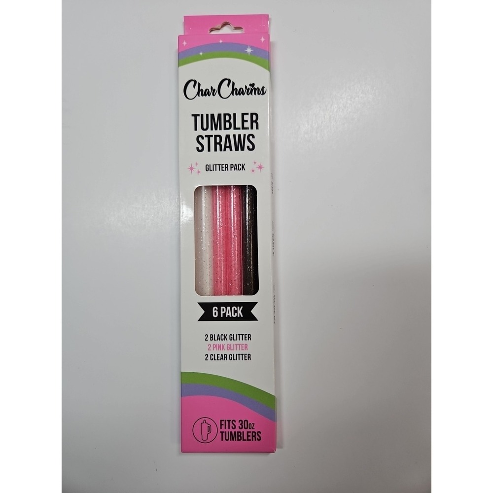 CharCharms Glitter Pack 6 Pack Reusable Tumbler Straws Fits 30 oz